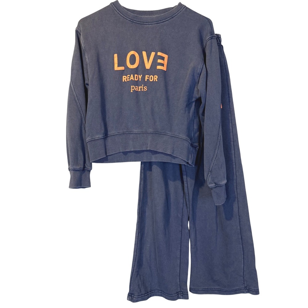 Zara Kids Blue LOVE Ready For Paris Sweatshirt and Sweatpants Set 11-12 Lounge